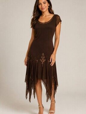 Mix it Brown Beaded Mesh Overlay Flapper Style Maxi Dress. Size 10